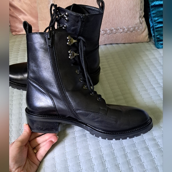 Vintage NAPOLEONI Black Leather Combat Moto Boots Zip Lace Up Italian Size 40 - Picture 11 of 13